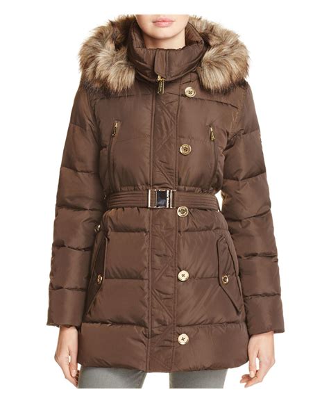 michael michael kors faux fur-trim belted parka|Faux Fur Trim Ciré Belted Parka .